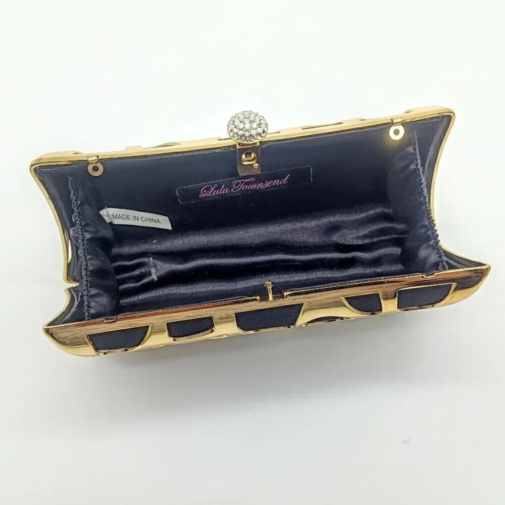 Lulu Townsend Gold Black Rhinestone Clasp Clutch Bag